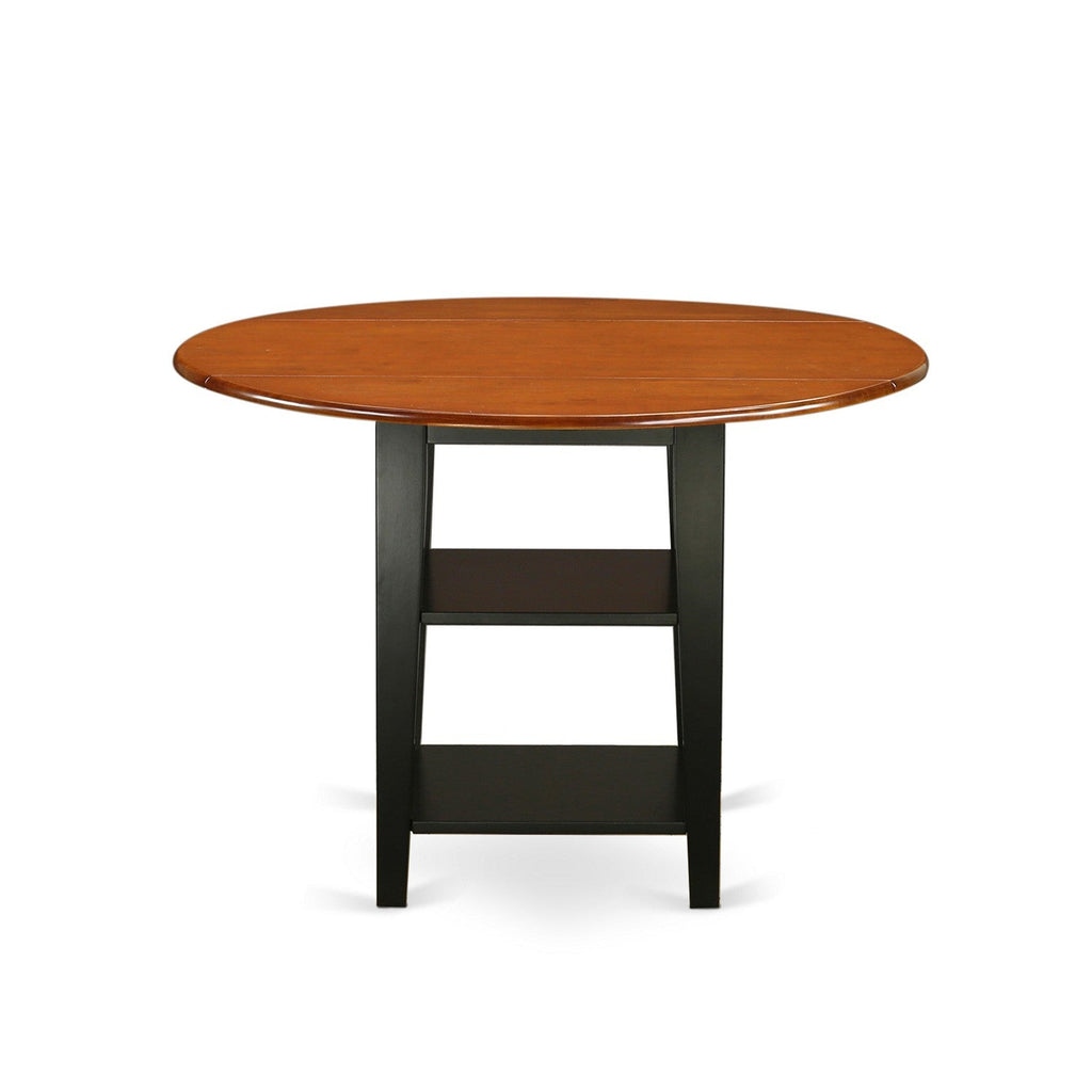 East West Furniture SUPF5-BCH-C 5 Piece Kitchen Table & Chairs Set Includes a Round Dining Table with Dropleaf & Shelves and 4 Linen Fabric Dining Room Chairs, 42x42 Inch, Black & Cherry