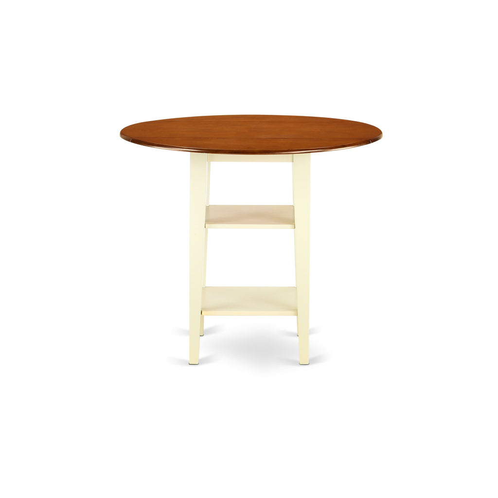 East West Furniture SUVN5H-BMK-C 5 Piece Counter Height Pub Set Includes a Round Dining Table with Dropleaf & Shelves and 4 Linen Fabric Upholstered Chairs, 42x42 Inch, Buttermilk & Cherry