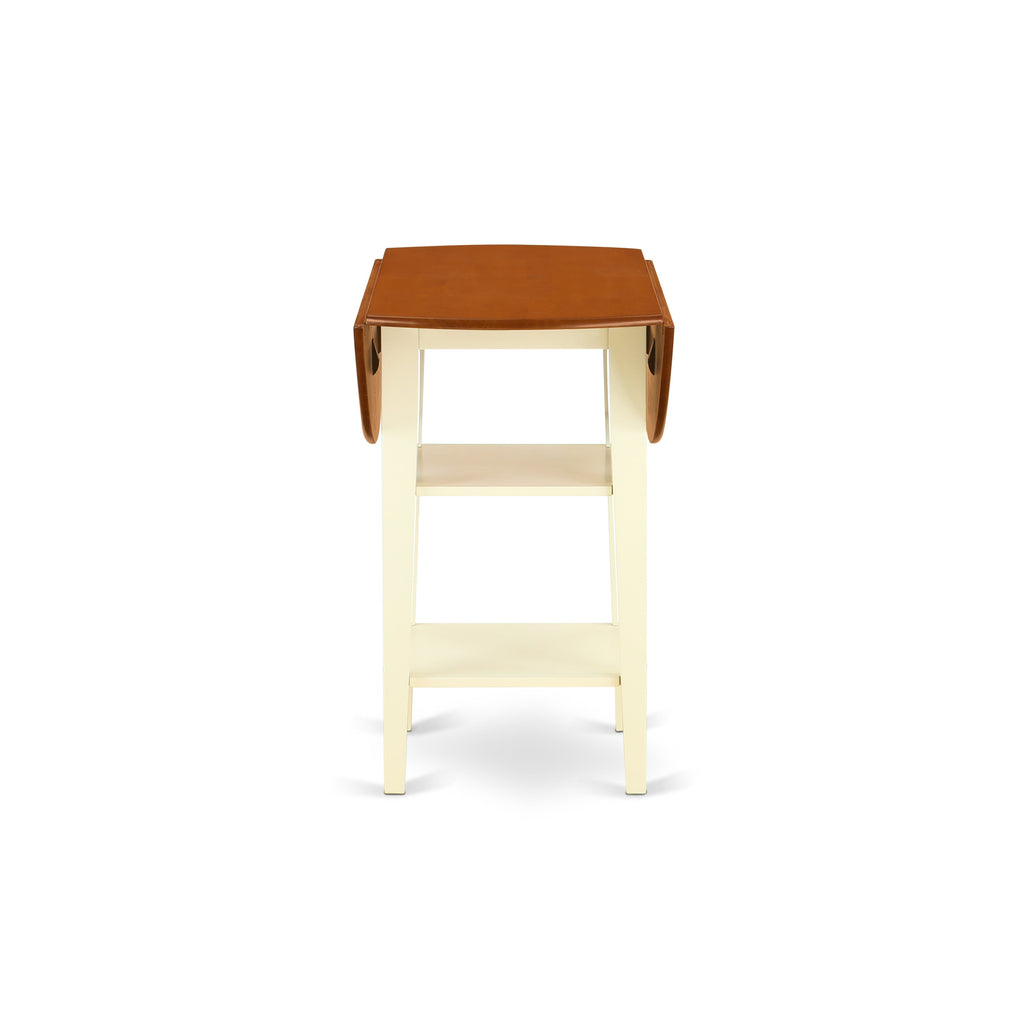 East West Furniture SUVN3H-BMK-C 3 Piece Counter Set for Small Spaces Contains a Round Dining Table with Dropleaf & Shelves and 2 Linen Fabric Upholstered Chairs, 42x42 Inch, Buttermilk & Cherry