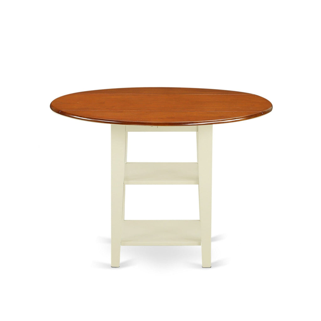 East West Furniture SUT-BMK-T Sudbury Dining Room Table - a Round kitchen Table Top with Dropleaf & 2 shelves, 42x42 Inch, Buttermilk & Cherry
