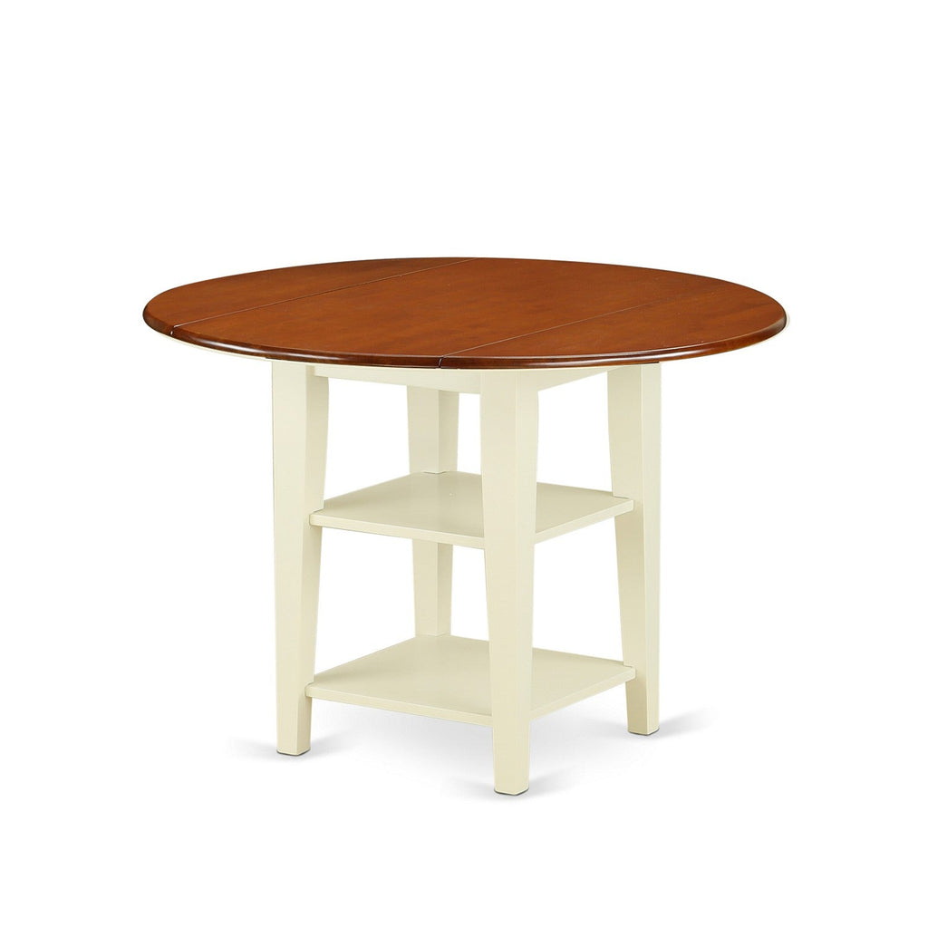 East West Furniture SUWE3-BMK-W 3 Piece Kitchen Table & Chairs Set Contains a Round Dining Table with Dropleaf & Shelves and 2 Dining Room Chairs, 42x42 Inch, Buttermilk & Cherry
