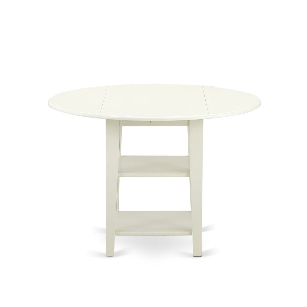 East West Furniture SULA3-LWH-06 3 Piece Kitchen Table Set Contains a Round Dining Room Table with Dropleaf & Shelves and 2 Shitake Linen Fabric Parsons Chairs, 42x42 Inch, Linen White