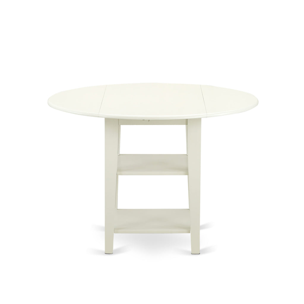 East West Furniture SUDA3-LWH-29 3 Piece Dining Table Set Includes a Round Kitchen Table with Dropleaf & Shelves and 2 Upholstered Chairs, 42x42 Inch, linen white