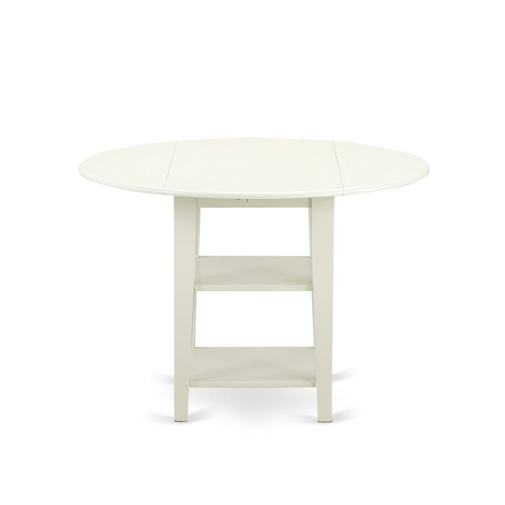 East West Furniture SUBO5-LWH-W 5 Piece Dining Set Includes a Round Dining Room Table with Dropleaf & Shelves and 4 Wood Seat Chairs, 42x42 Inch, Linen White