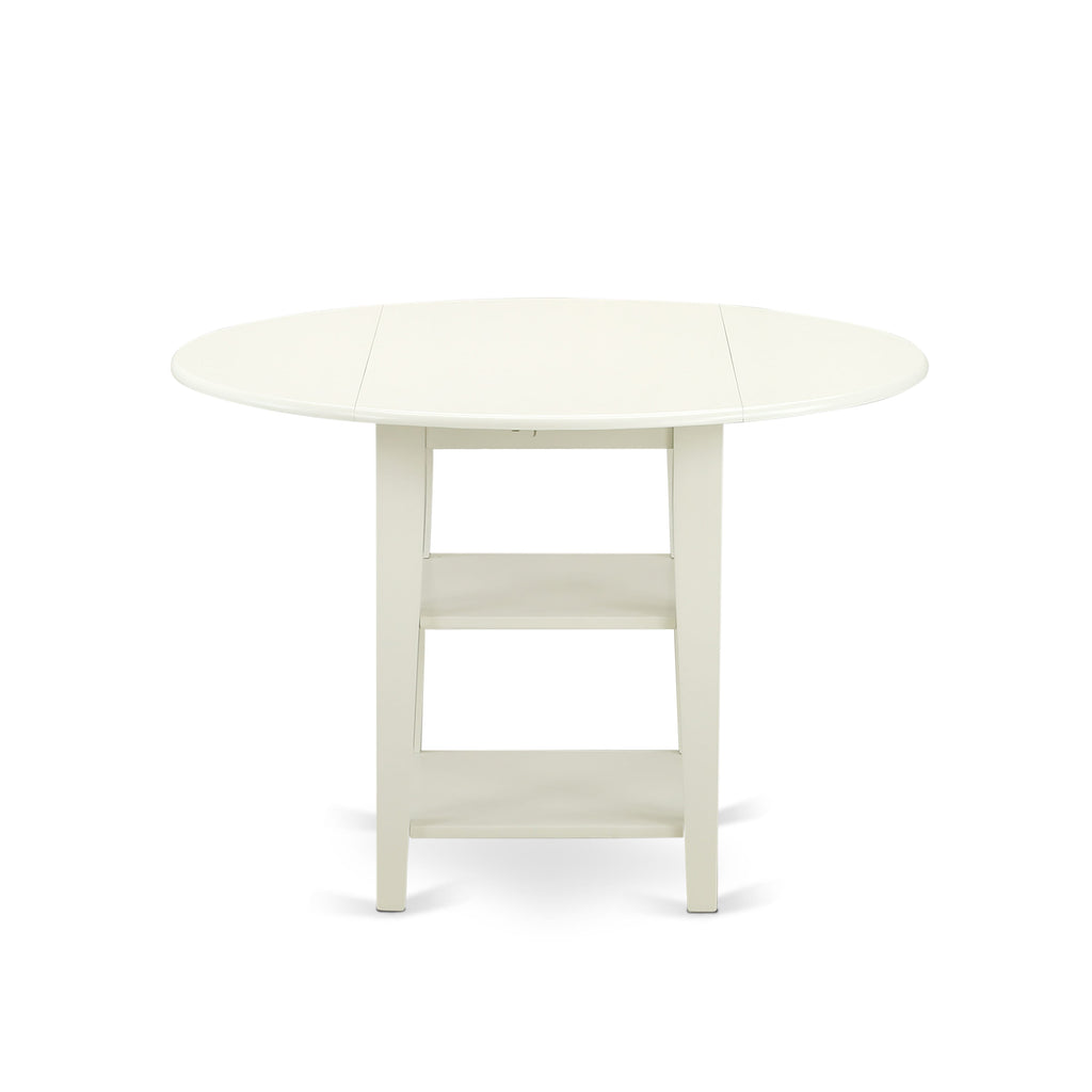 East West Furniture SUDA5-LWH-24 5 Piece Dining Table Set Includes a Round Kitchen Table with Dropleaf & Shelves and 4 Upholstered Chairs, 42x42 Inch, linen white