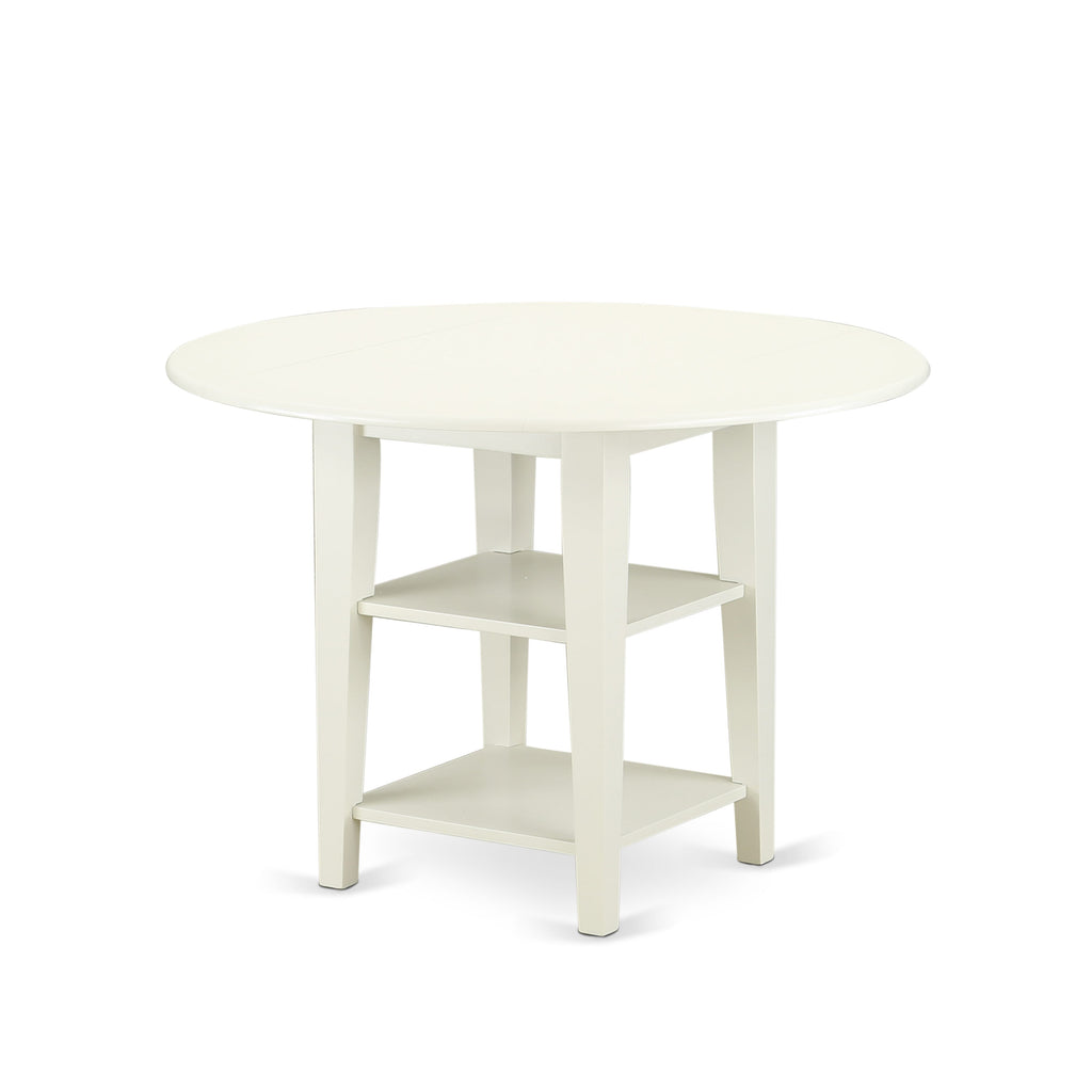 East West Furniture SUDA3-LWH-24 3 Piece Kitchen Set Consists of a Round Dining Table with Dropleaf & Shelves and 2 Upholstered Chairs, 42x42 Inch, linen white