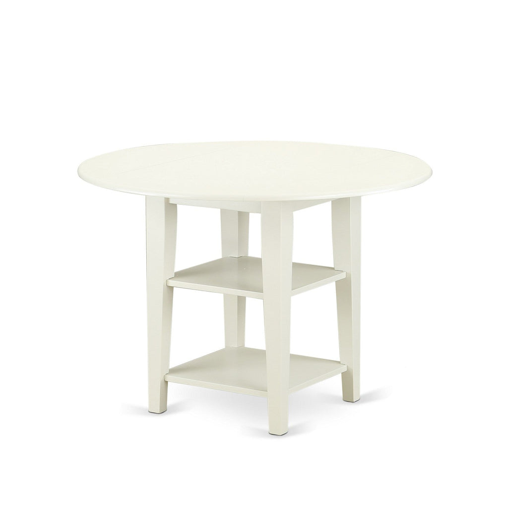 East West Furniture SUNO5-LWH-W 5 Piece Dining Room Table Set Includes a Round Dining Table with Dropleaf & Shelves and 4 Wood Seat Chairs, 42x42 Inch, Linen White