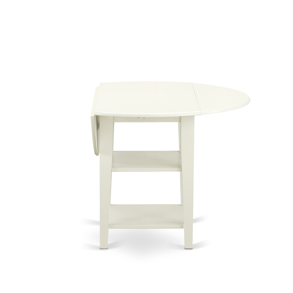 East West Furniture SUDA5-LWH-22 5 Piece Dinette Set for Small Spaces Contains a Round Dining Table with Dropleaf & Shelves and 4 Upholstered Chairs, 42x42 Inch, linen white