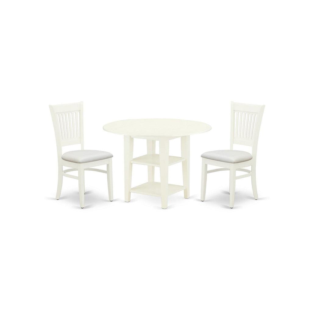 East West Furniture SUVA3-LWH-C 3 Piece Dinette Set for Small Spaces Contains a Round Dining Table with Dropleaf & Shelves and 2 Linen Fabric Dining Room Chairs, 42x42 Inch, Linen White