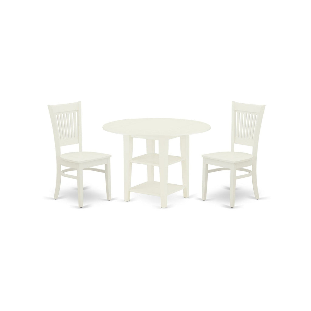 East West Furniture SUVA3-LWH-W 3 Piece Dining Table Set for Small Spaces Contains a Round Dining Room Table with Dropleaf & Shelves and 2 Wood Seat Chairs, 42x42 Inch, Linen White