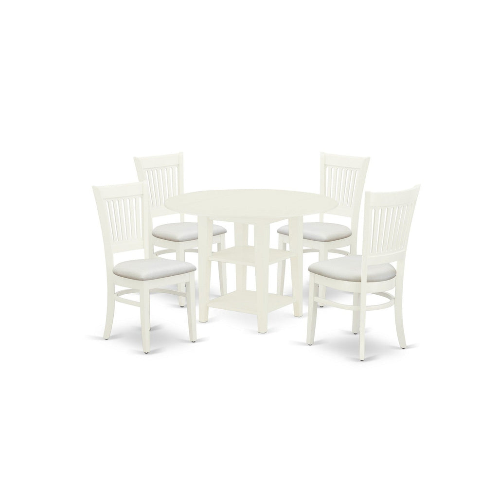 East West Furniture SUVA5-LWH-C 5 Piece Dining Table Set for 4 Includes a Round Kitchen Table with Dropleaf & Shelves and 4 Linen Fabric Kitchen Dining Chairs, 42x42 Inch, Linen White