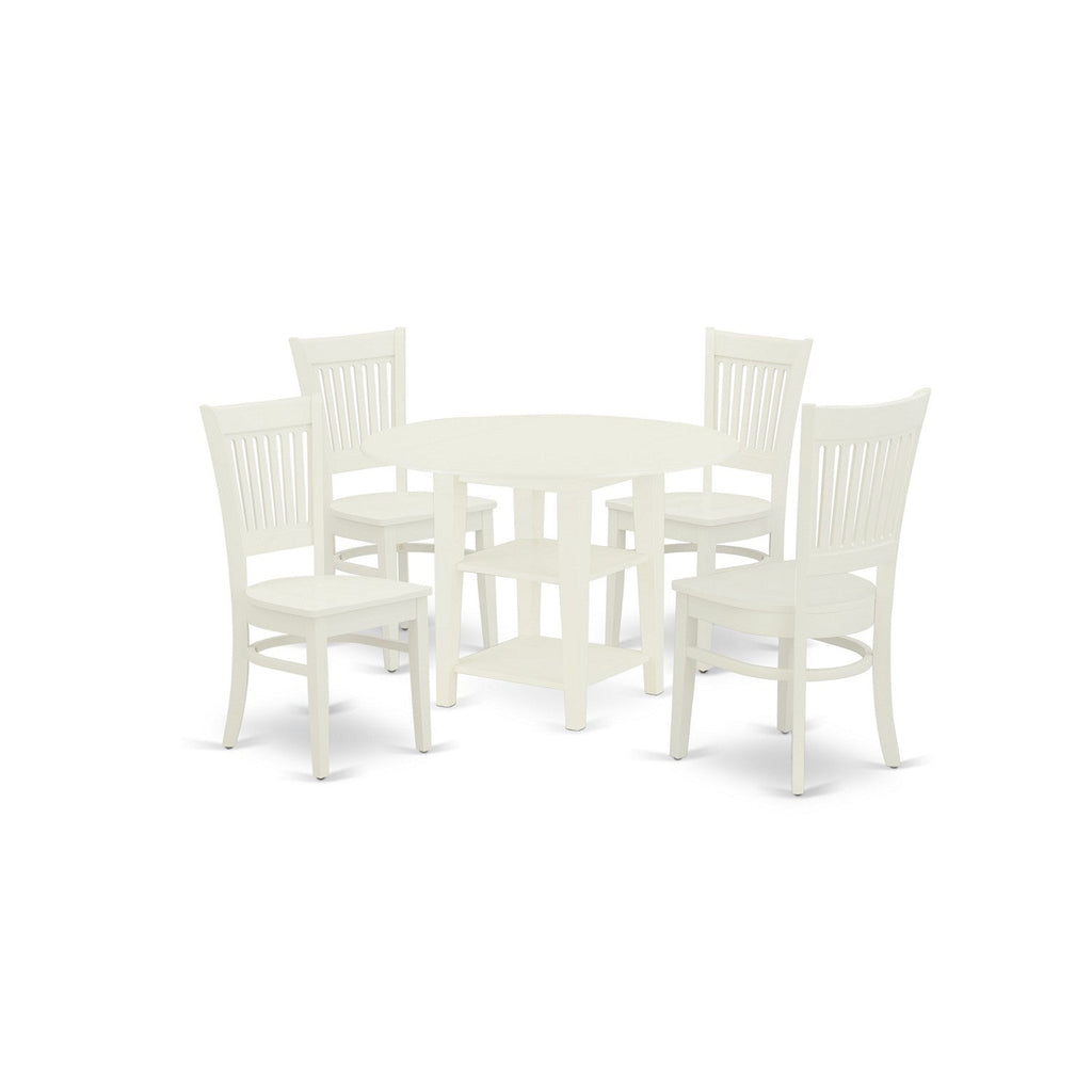 East West Furniture SUVA5-LWH-W 5 Piece Dining Table Set for 4 Includes a Round Kitchen Table with Dropleaf & Shelves and 4 Dining Room Chairs, 42x42 Inch, Linen White