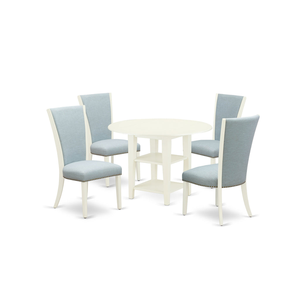 East West Furniture SUVE5-LWH-15 5 Piece Kitchen Table Set for 4 Includes a Round Dining Table with Dropleaf & Shelves and 4 Baby Blue Linen Fabric Parson Chairs, 42x42 Inch, Linen White