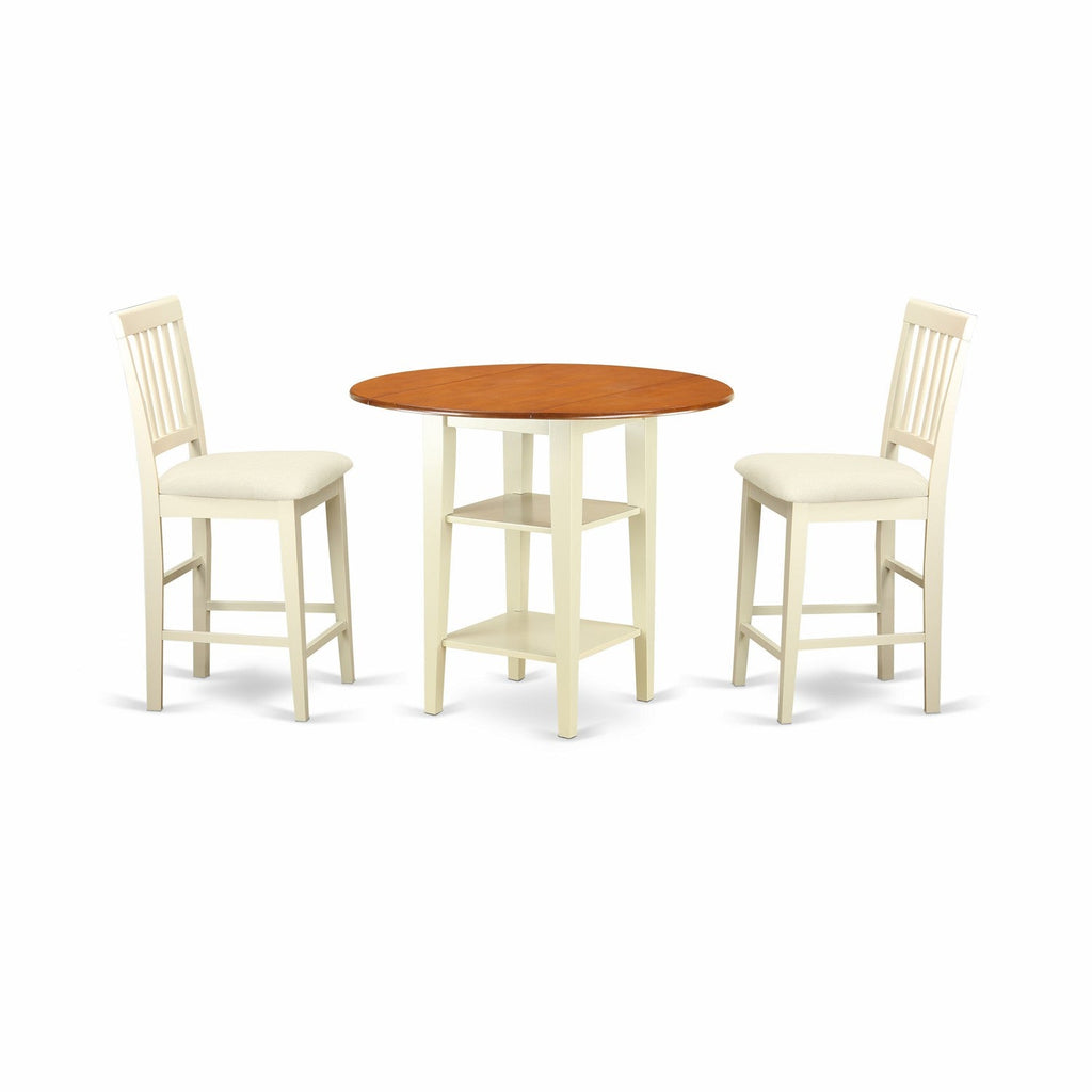 East West Furniture SUVN3H-BMK-C 3 Piece Counter Set for Small Spaces Contains a Round Dining Table with Dropleaf & Shelves and 2 Linen Fabric Upholstered Chairs, 42x42 Inch, Buttermilk & Cherry
