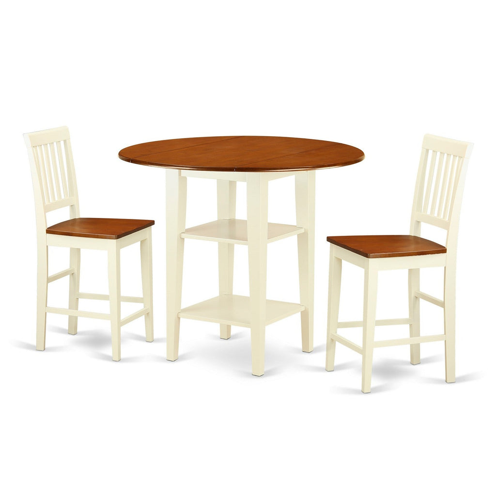 East West Furniture SUVN3H-BMK-W 3 Piece Kitchen Counter Set for Small Spaces Contains a Round Dining Room Table with Dropleaf & Shelves and 2 Dining Chairs, 42x42 Inch, Buttermilk & Cherry
