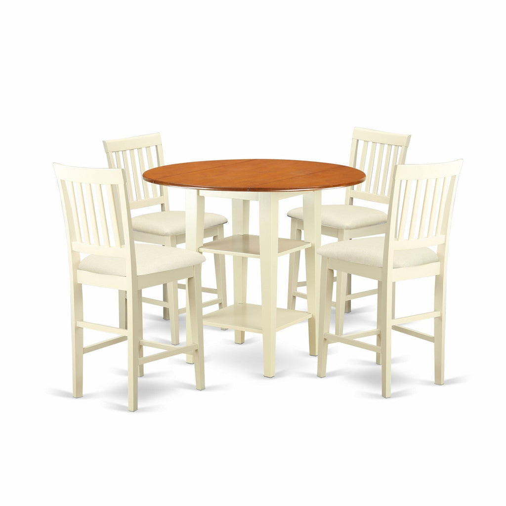 East West Furniture SUVN5H-BMK-C 5 Piece Counter Height Pub Set Includes a Round Dining Table with Dropleaf & Shelves and 4 Linen Fabric Upholstered Chairs, 42x42 Inch, Buttermilk & Cherry