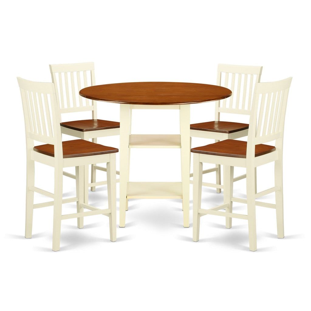 East West Furniture SUVN5H-BMK-W 5 Piece Kitchen Counter Height Dining Table Set Includes a Round Wooden Table with Dropleaf & Shelves and 4 Wood Seat Chairs, 42x42 Inch, Buttermilk & Cherry