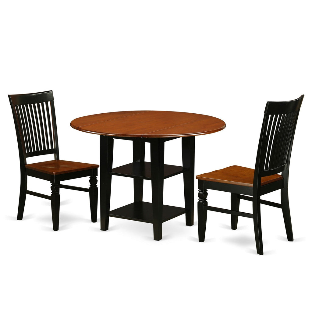 East West Furniture SUWE3-BCH-W 3 Piece Dining Room Furniture Set Contains a Round Kitchen Table with Dropleaf & Shelves and 2 Dining Chairs, 42x42 Inch, Black & Cherry