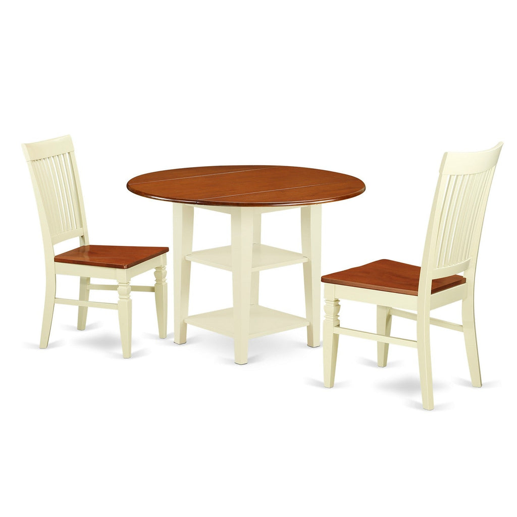East West Furniture SUWE3-BMK-W 3 Piece Kitchen Table & Chairs Set Contains a Round Dining Table with Dropleaf & Shelves and 2 Dining Room Chairs, 42x42 Inch, Buttermilk & Cherry