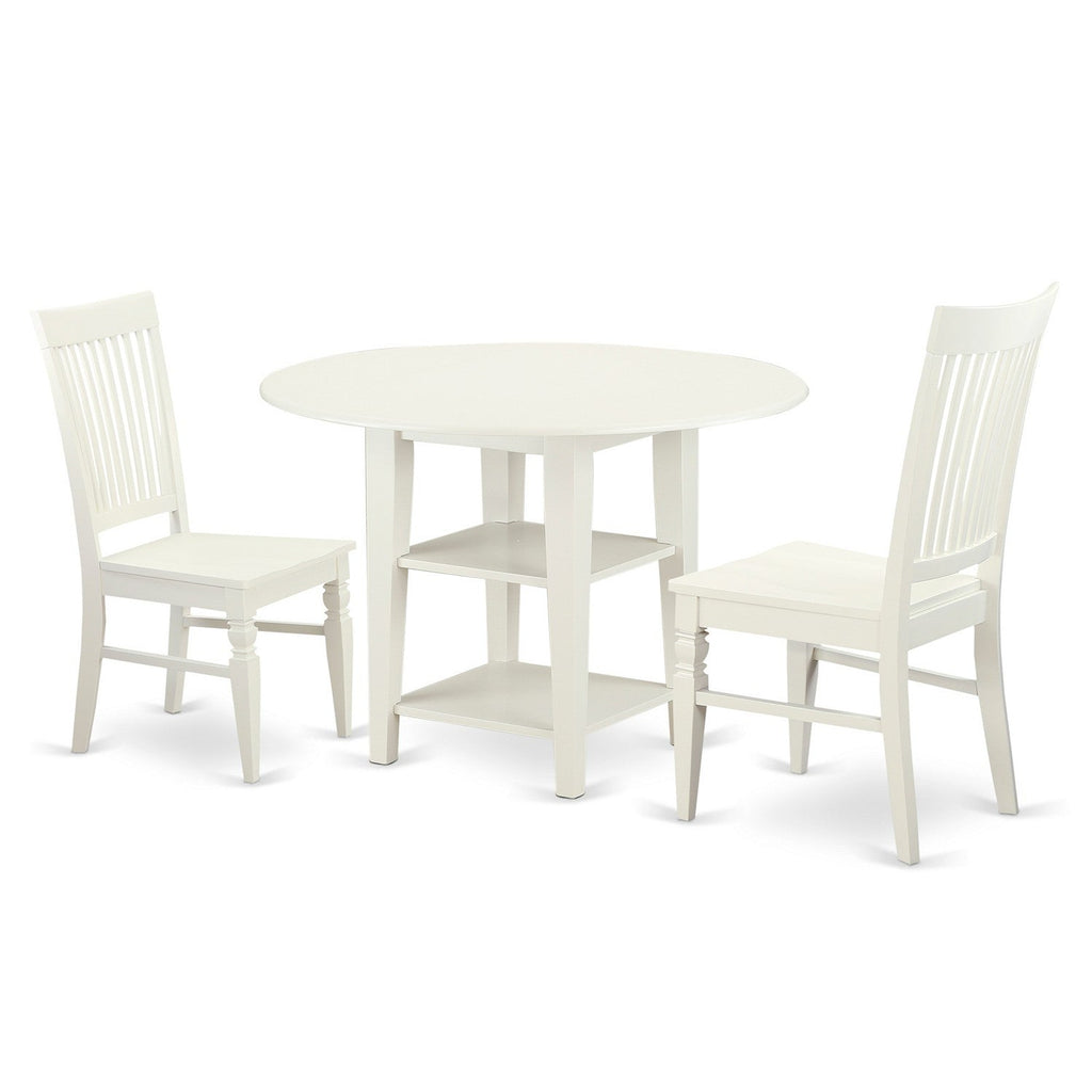 East West Furniture SUWE3-LWH-W 3 Piece Modern Dining Table Set Contains a Round Wooden Table with Dropleaf & Shelves and 2 Dining Room Chairs, 42x42 Inch, Linen White