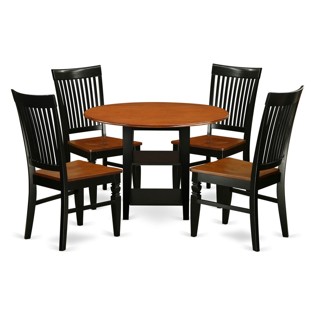 East West Furniture SUWE5-BCH-W 5 Piece Dining Set Includes a Round Dining Room Table with Dropleaf & Shelves and 4 Kitchen Chairs, 42x42 Inch, Black & Cherry