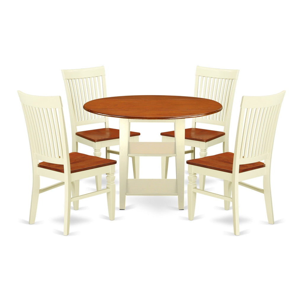 East West Furniture SUWE5-BMK-W 5 Piece Dining Table Set for 4 Includes a Round Kitchen Table with Dropleaf & Shelves and 4 Kitchen Dining Chairs, 42x42 Inch, Buttermilk & Cherry