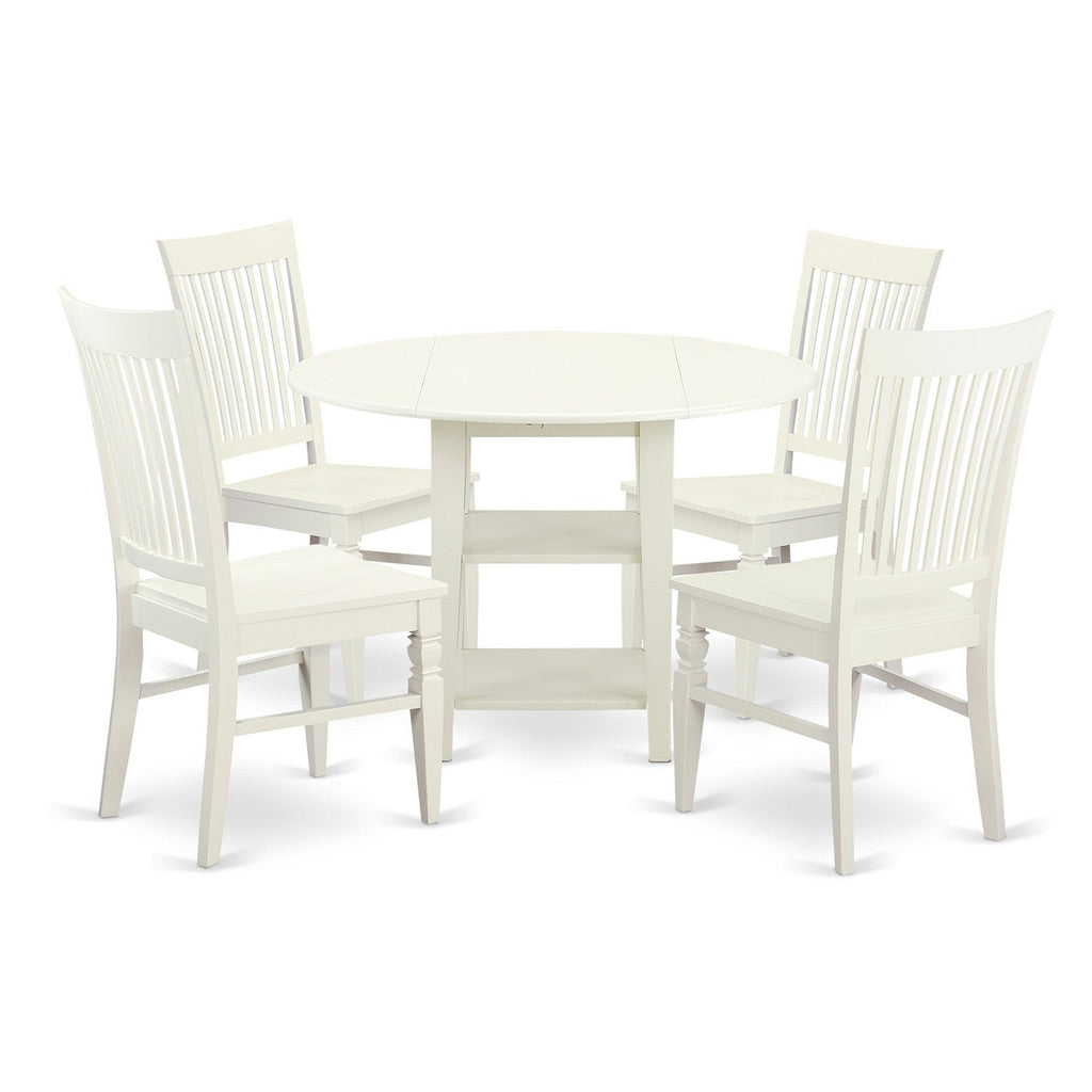 East West Furniture SUWE5-LWH-W 5 Piece Dining Set Includes a Round Dining Room Table with Dropleaf & Shelves and 4 Kitchen Chairs, 42x42 Inch, Linen White