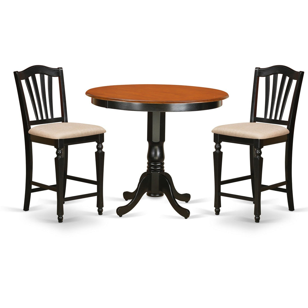 East West Furniture TRCH3-BLK-C 3 Piece Counter Height Dining Set for Small Spaces Contains a Round Kitchen Table and 2 Linen Fabric Dining Room Chairs, 42x42 Inch, Black & Cherry