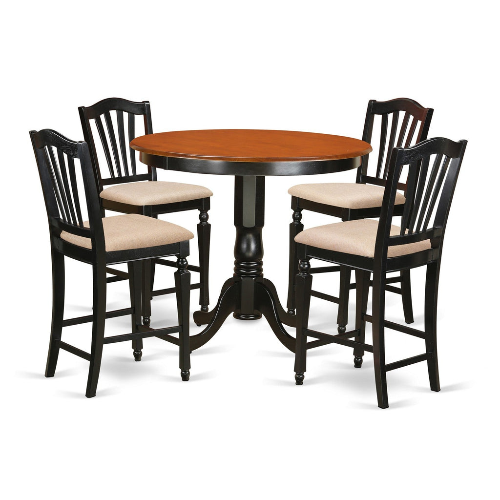 East West Furniture TRCH5-BLK-C 5 Piece Kitchen Counter Height Dining Table Set Includes a Round Pub Table and 4 Linen Fabric Upholstered Chairs, 42x42 Inch, Black & Cherry