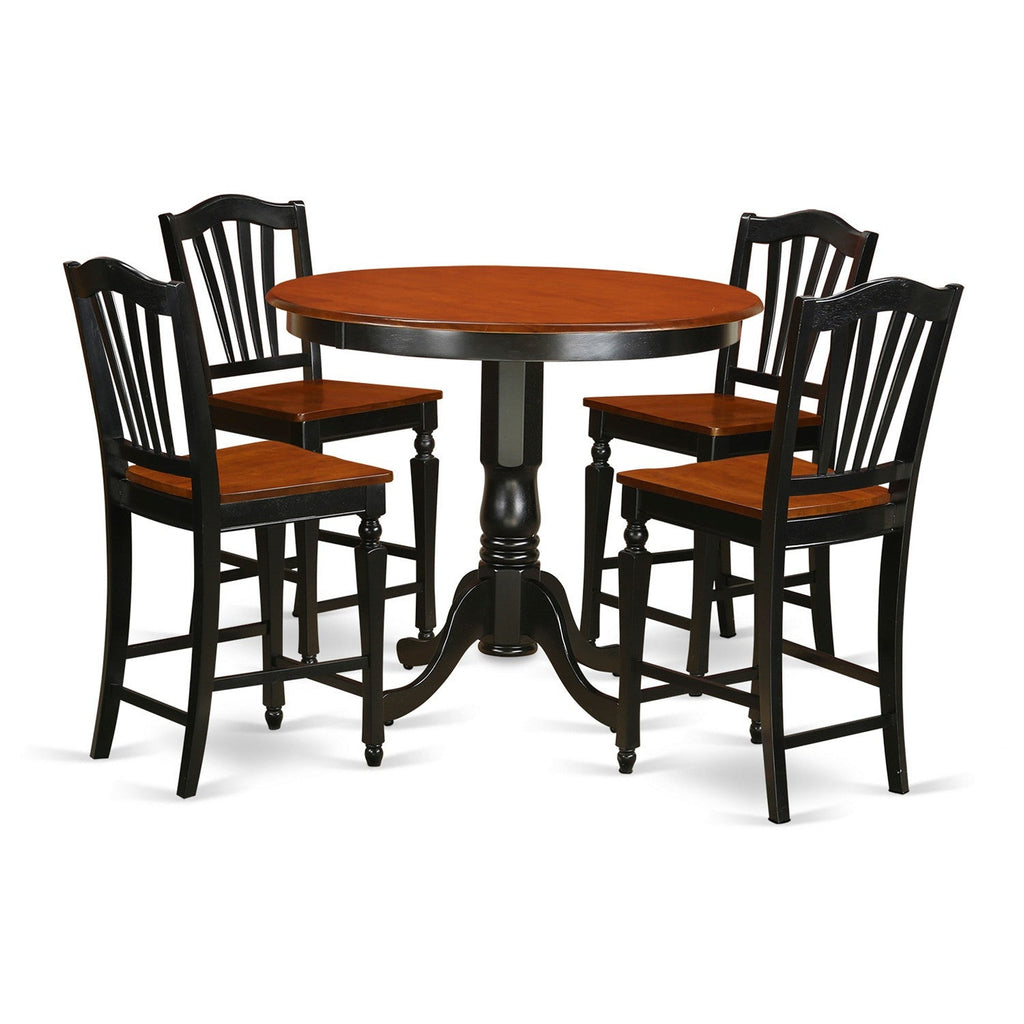 East West Furniture TRCH5-BLK-W 5 Piece Counter Height Pub Set Includes a Round Dining Table and 4 Kitchen Dining Chairs, 42x42 Inch, Black & Cherry