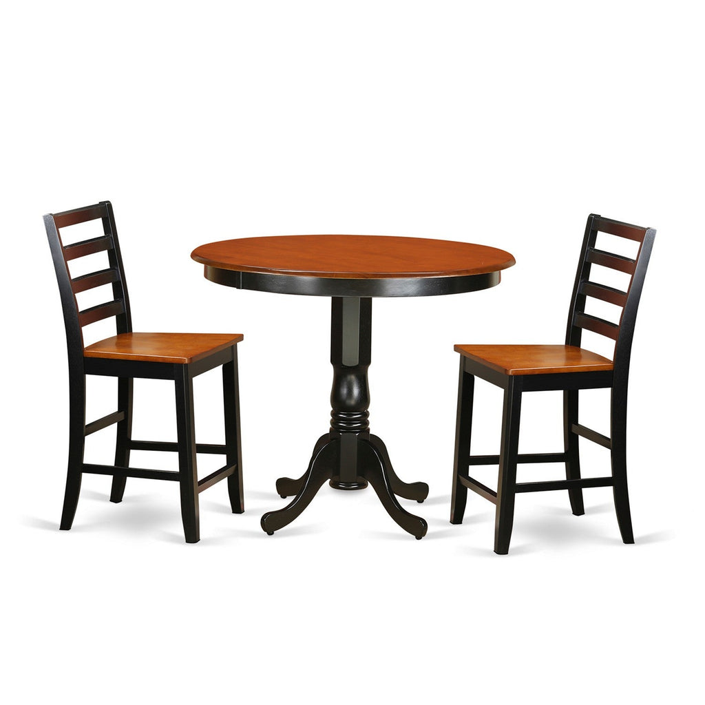 East West Furniture TRFA3-BLK-W 3 Piece Counter Height Dining Set for Small Spaces Contains a Round Dining Room Table and 2 Wooden Seat Chairs, 42x42 Inch, Black & Cherry