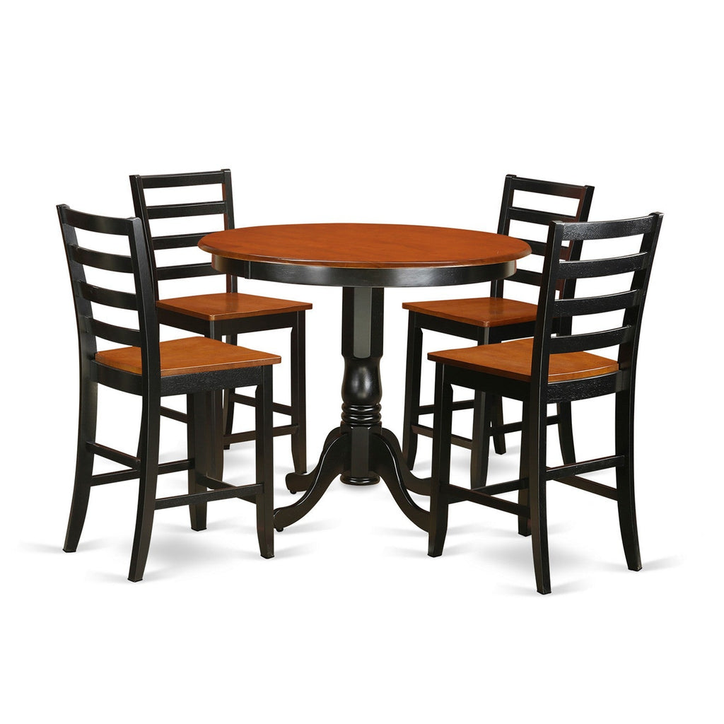 East West Furniture TRFA5-BLK-W 5 Piece Counter Height Pub Set Includes a Round Dining Room Table and 4 Kitchen Chairs, 42x42 Inch, Black & Cherry