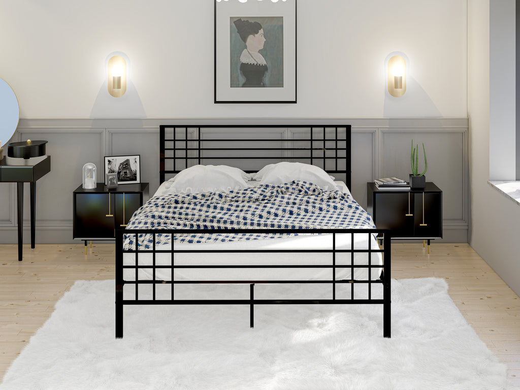 East West Furniture TYQBBLK Tyler Queen Platform Bed with 9 Metal Legs - Magnificent Bed in Powder Coating Black Color