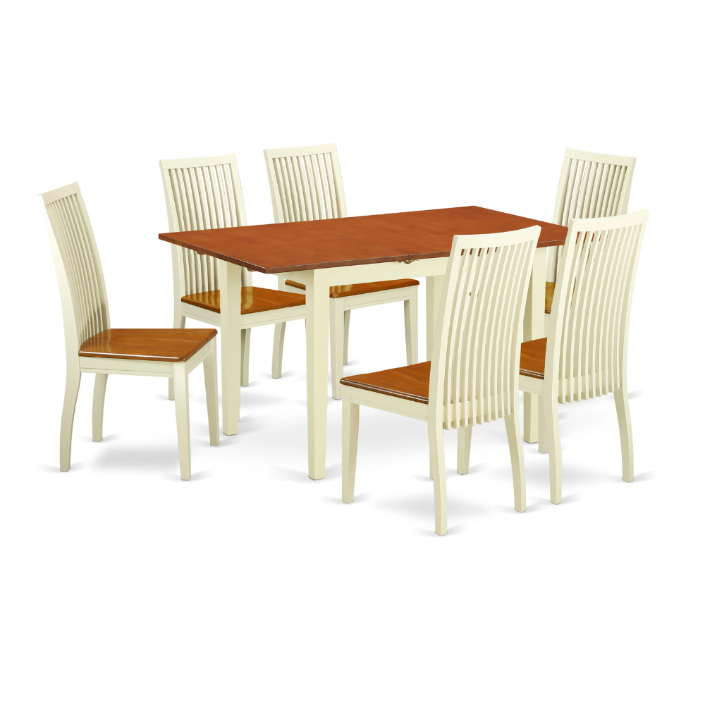 East West Furniture NOIP7-BMK-W 7 Piece Dining Set Consist of a Rectangle Dining Table with Butterfly Leaf and 6 Kitchen Chairs, 32x54 Inch, Buttermilk & Cherry
