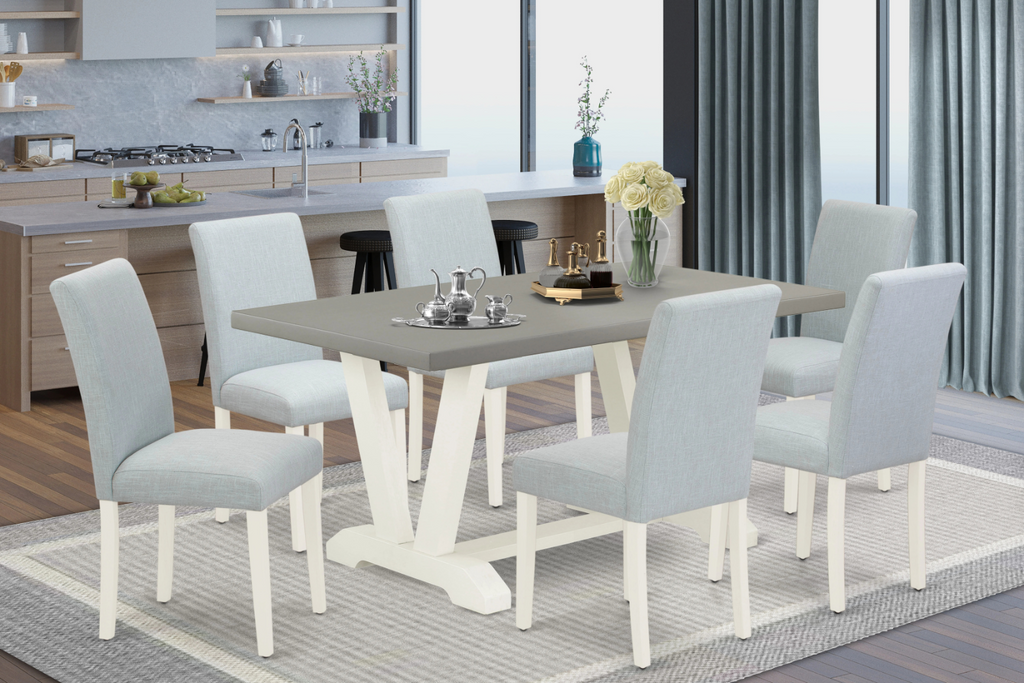 East West Furniture V096AB015-7 7 Piece Dining Set Consist of a Rectangle Dining Room Table with V-Legs and 6 Baby Blue Linen Fabric Upholstered Parson Chairs, 36x60 Inch, Multi-Color