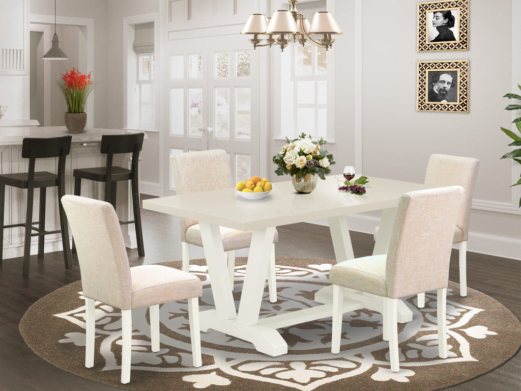 East West Furniture V026AB202-5 5-Pc Dinette Room Set - 4 Parson Dining Chairs and 1 Modern Rectangular Linen White Wooden Dining Table with High Chair Back - Linen White Finish