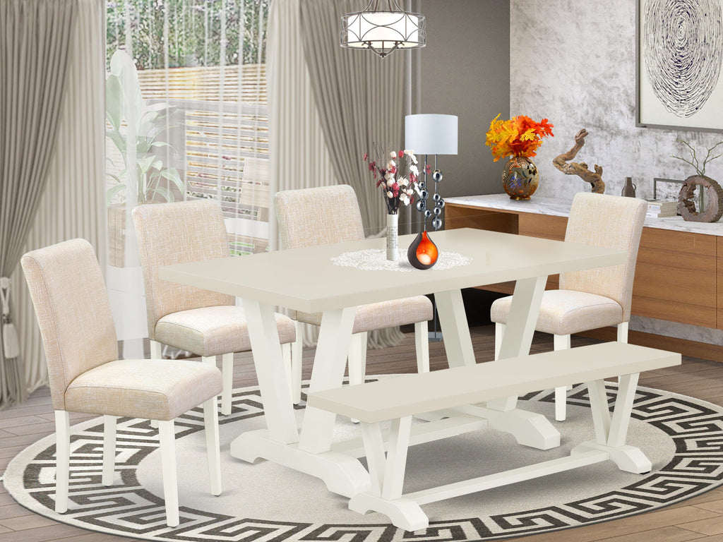East West Furniture V026AB202-6 6-Pc Kitchen Dining Room Set - 4 Dining Chairs, a Modern Bench Linen White Top and 1 Linen White Dining Table Top with High Chair Back - Linen White Finish