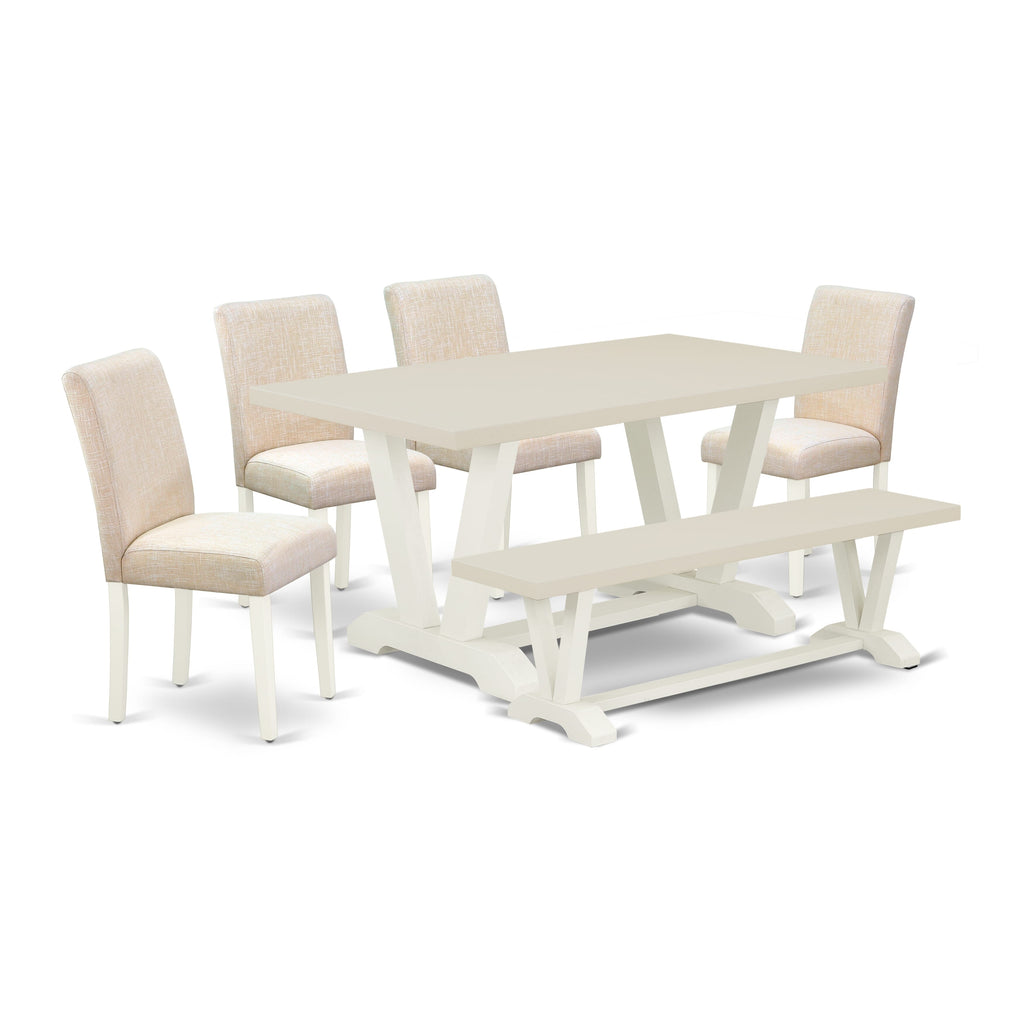 East West Furniture V026AB202-6 6-Pc Kitchen Dining Room Set - 4 Dining Chairs, a Modern Bench Linen White Top and 1 Linen White Dining Table Top with High Chair Back - Linen White Finish