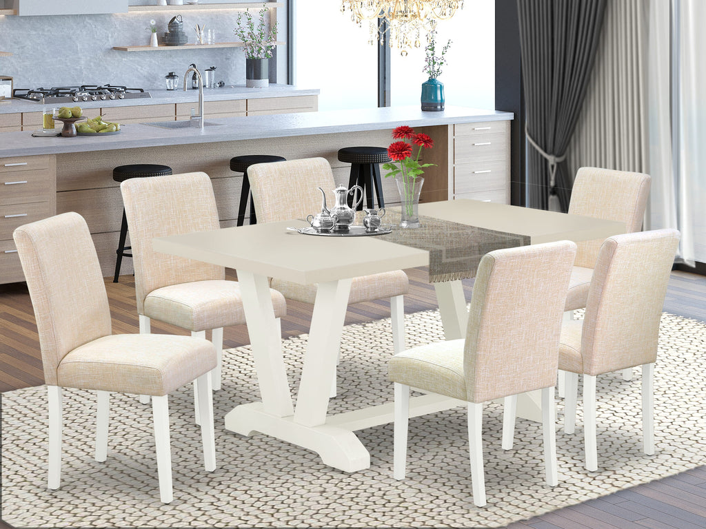 East West Furniture V026AB202-7 7-Pc Dining Room Table Set - 6 Parson Chairs and 1 Modern Rectangular Linen White Wooden Dining Table with High Chair Back - Linen White Finish