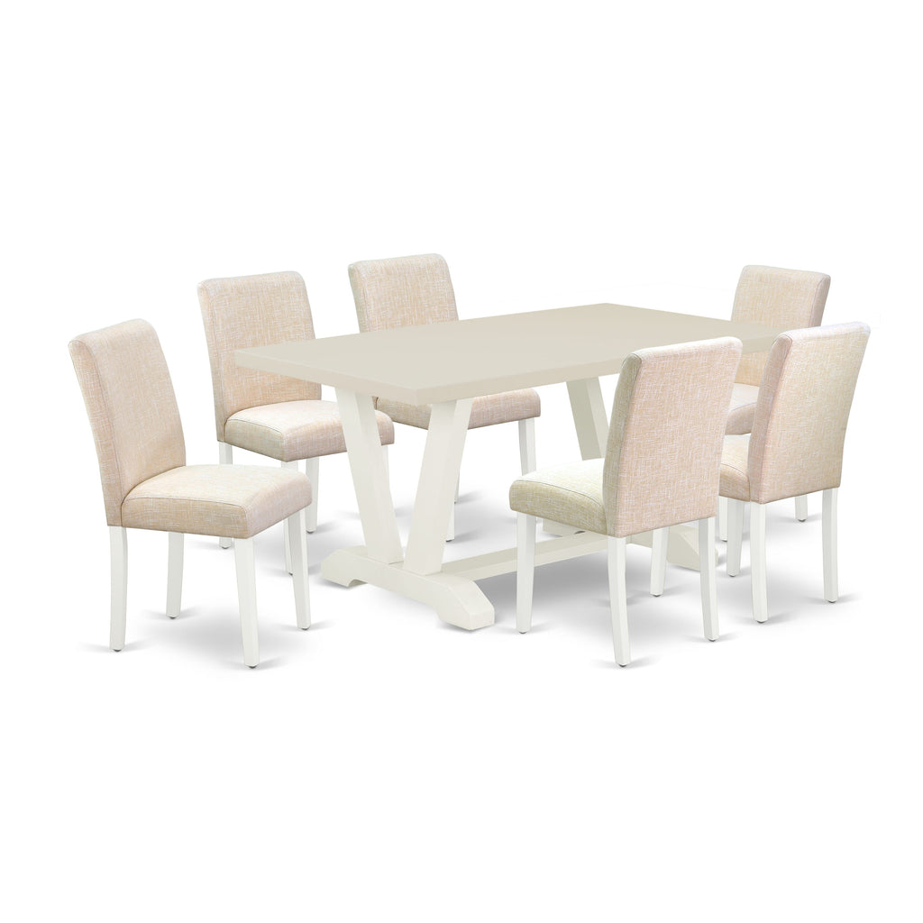 East West Furniture V026AB202-7 7-Pc Dining Room Table Set - 6 Parson Chairs and 1 Modern Rectangular Linen White Wooden Dining Table with High Chair Back - Linen White Finish