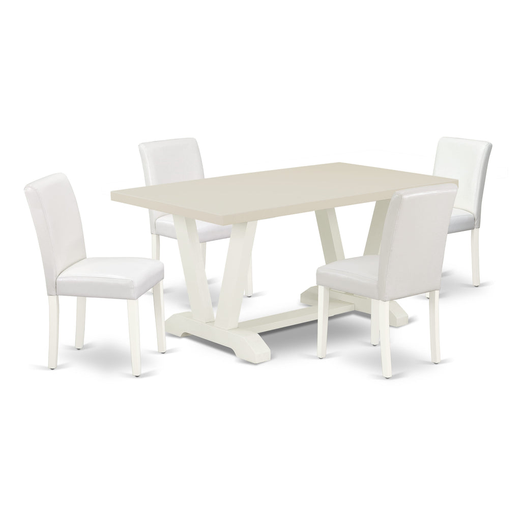 East West Furniture V026AB264-5 5-Piece Awesome Dining Set a Superb Linen White dining table Top and 4 - Pu Leather Stunning Dining Chairs with Stylish Chair Back, Linen White Finish