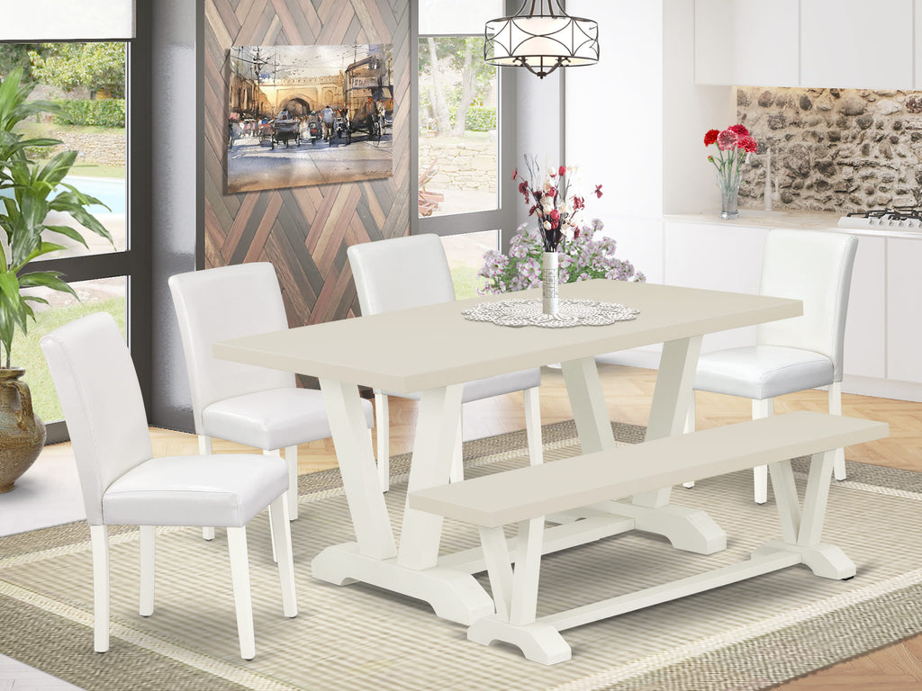 East West Furniture V026AB264-6 6-Piece Beautiful Dinette Set a Great Linen White Modern Dining Table Top - Linen White Dining Bench - 4 Excellent Pu Leather Dining Room Chairs with Stylish Chair Back, Linen White Finish