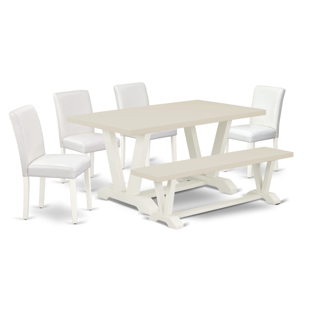 East West Furniture V026AB264-6 6-Piece Beautiful Dinette Set a Great Linen White Modern Dining Table Top - Linen White Dining Bench - 4 Excellent Pu Leather Dining Room Chairs with Stylish Chair Back, Linen White Finish