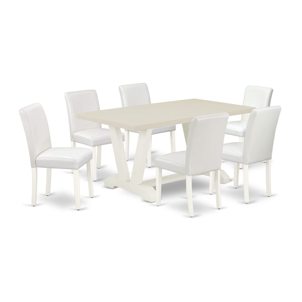 East West Furniture V026AB264-7 7-Piece Fashionable Kitchen Table Set a Superb Linen White Dining Room Table Top and 6 Excellent Pu Leather Padded Chairs with Stylish Chair Back, Linen White Finish