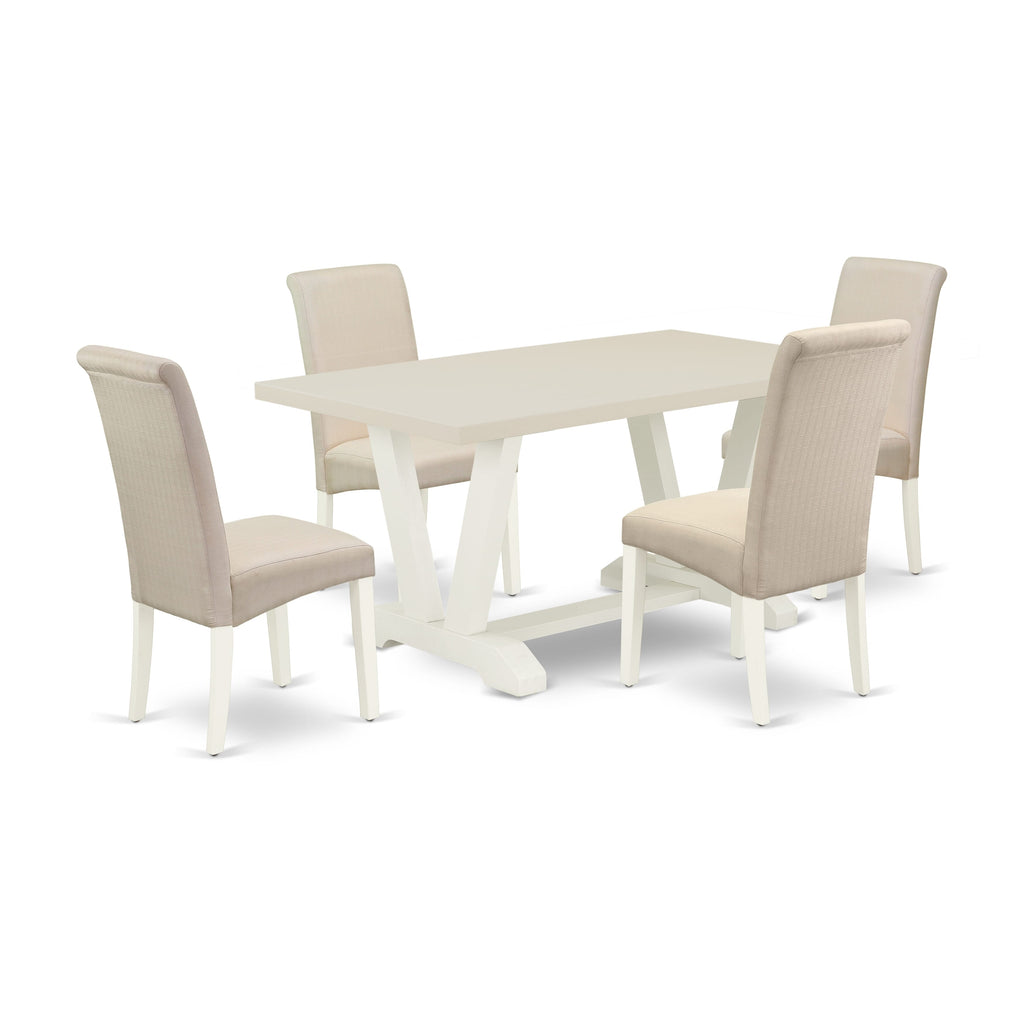 East West Furniture V026BA201-5 5-Piece rectangular Dinette Set Included 4 Parson Chairs Upholstered Seat and High Curved Back and Rectangular Dining Room Table with Linen White Kitchen Table Top - Linen White Finish