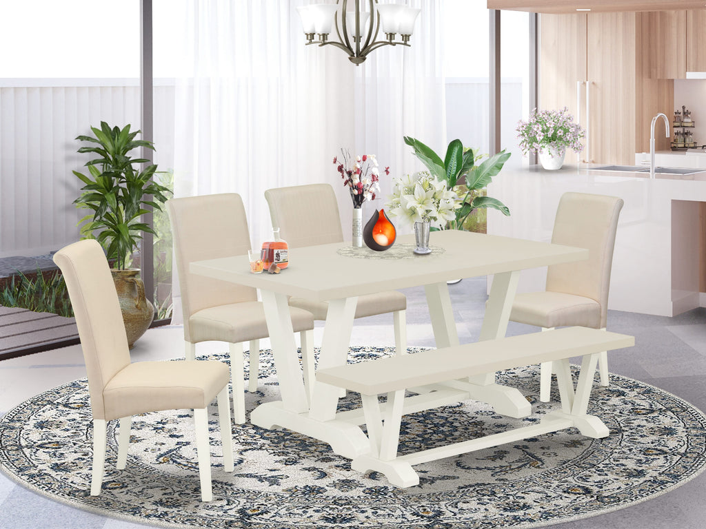 East West Furniture V026BA201-6 6-Piece Dinette Table Set-Luxurious cream linen fabric Seat and High Stylish Chair Back Parson chairs, a Rectangular Bench and Rectangular Top dining table with Wood Legs - Linen White and Linen White Finish