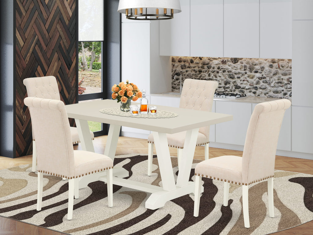 East West Furniture V026BR202-5 5-Pc Dining Table Set Included 4 Parson Dining chairs Upholstered Seat and High Button Tufted Chair Back and Rectangular Wood Dining Table with Linen White Dining Table Top - Linen White Finish