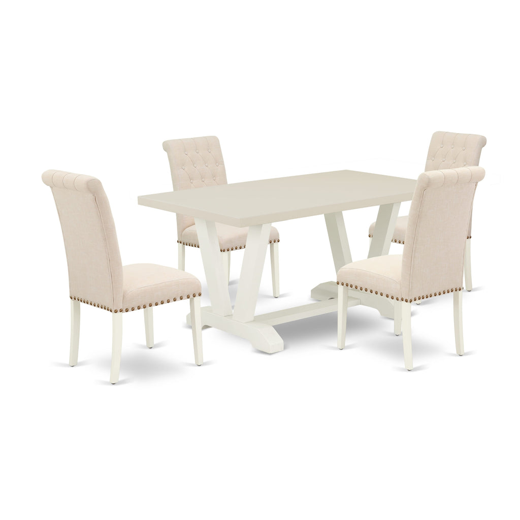 East West Furniture V026BR202-5 5-Pc Dining Table Set Included 4 Parson Dining chairs Upholstered Seat and High Button Tufted Chair Back and Rectangular Wood Dining Table with Linen White Dining Table Top - Linen White Finish