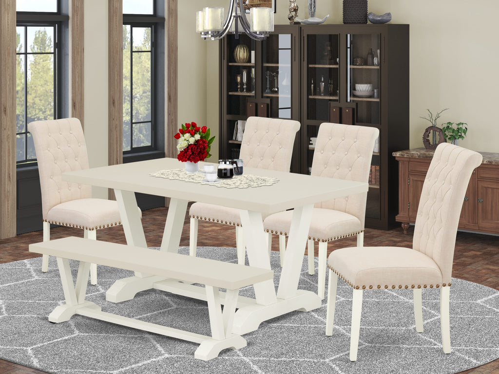 East West Furniture  V026BR202-6 6-Pc Wooden Dining Table Set-Light Beige Linen Fabric Seat and Button Tufted Chair Back Dining chairs, a Rectangular Bench and Rectangular Top Mid Century Dining Table with Wood Legs - Linen White and Linen White Finish