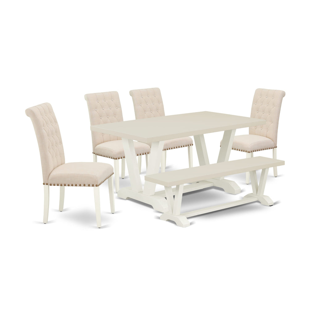 East West Furniture  V026BR202-6 6-Pc Wooden Dining Table Set-Light Beige Linen Fabric Seat and Button Tufted Chair Back Dining chairs, a Rectangular Bench and Rectangular Top Mid Century Dining Table with Wood Legs - Linen White and Linen White Finish